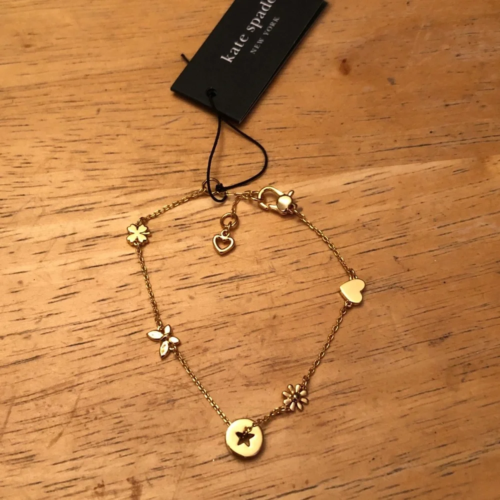 Kate Spade Gold Tone Rainbow Joy Charm Bracelet Heart, Flower, Clover NWT - Picture 9 of 12
